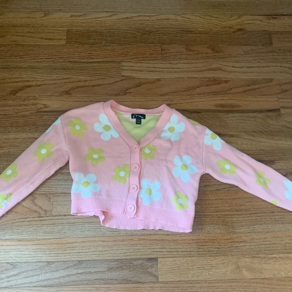 Target sweater, flowers, pink and yellow.